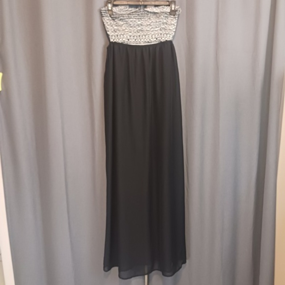 Love Fire Whimsigoth Strapless Sheer lined Maxi Dress Black White Tribal S
